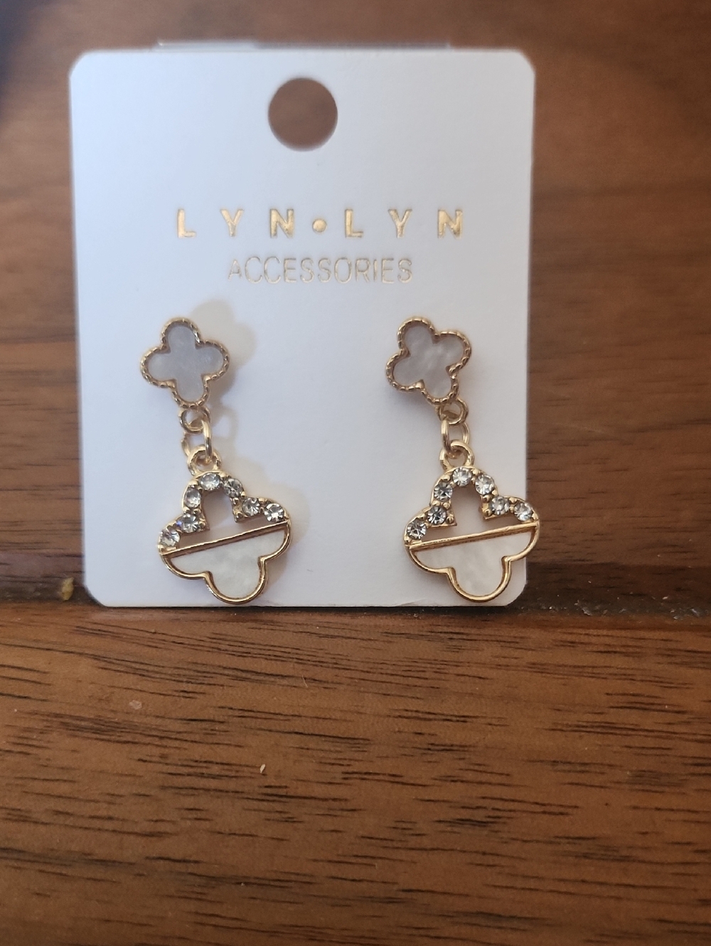 LYN•LYN Gold Clover Drop Earrings with White Inlay